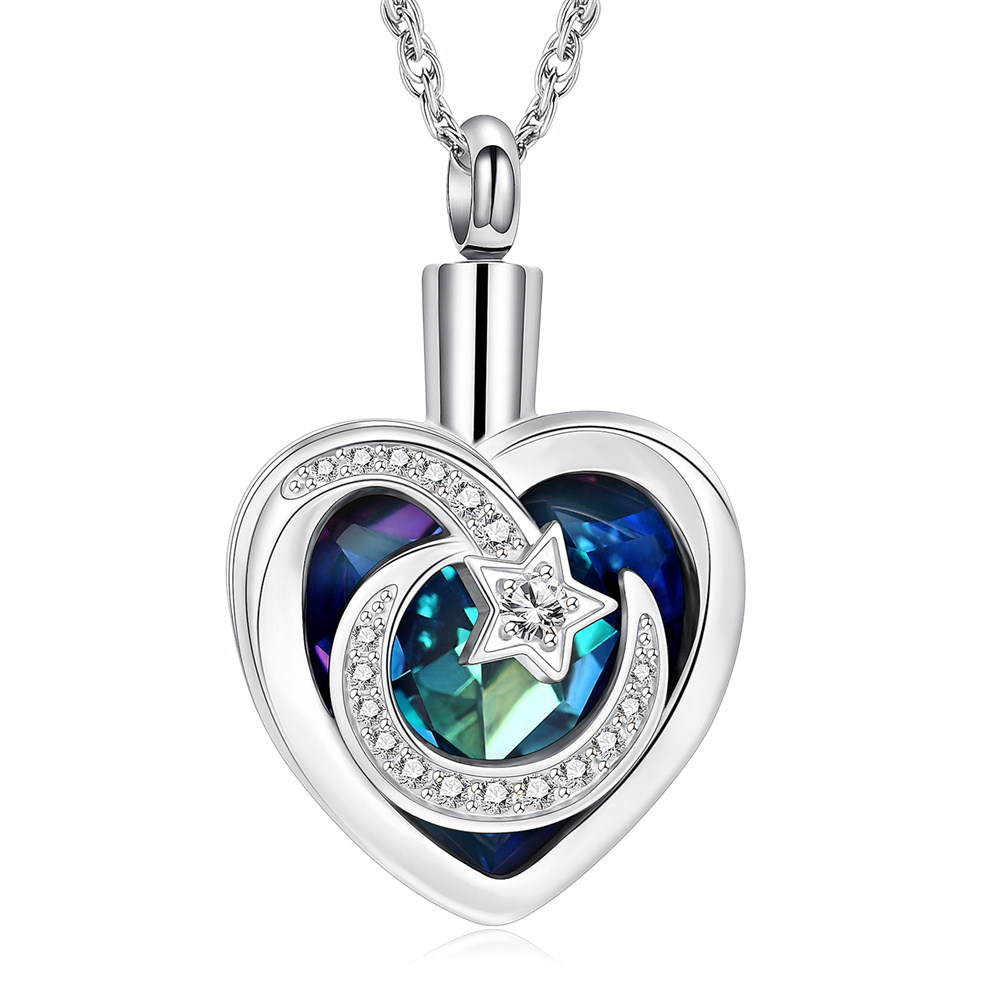 Crescent Moon & Star Urn Necklace for Ashes Crystal Cremation Jewelry for Women