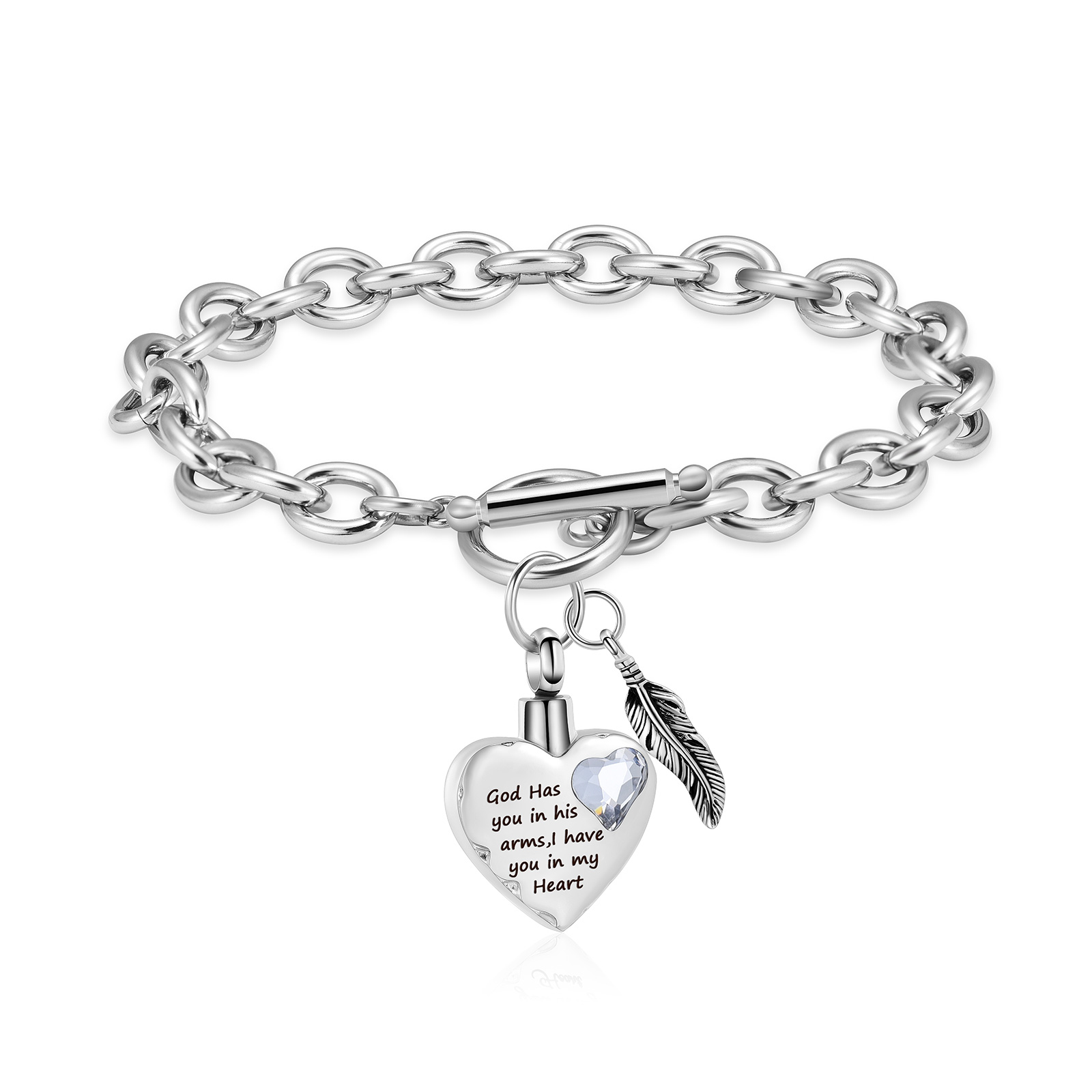 Crystal Heart Stainless Steel Chain Link Cremation Jewelry For Ashes Bracelets - Picture 2 of 9