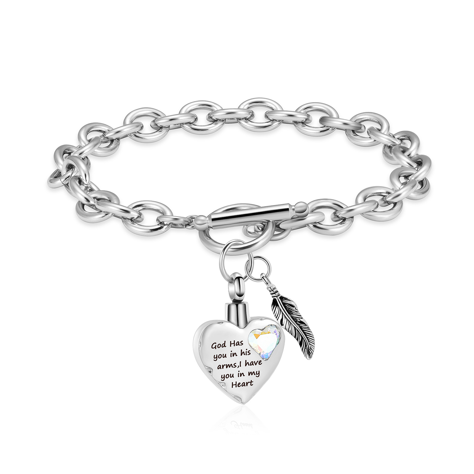 Crystal Heart Stainless Steel Chain Link Cremation Jewelry For Ashes Bracelets - Picture 3 of 9