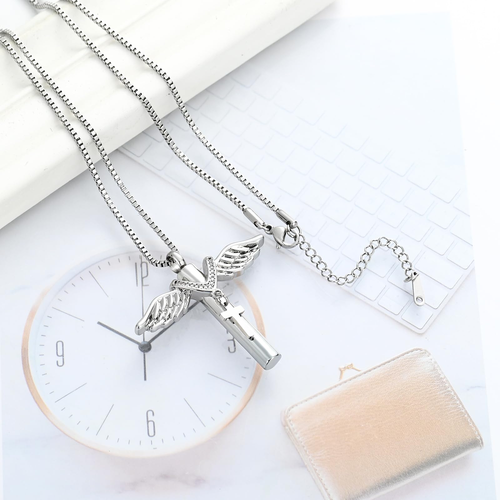 Wing Cross with Bib Cross Urn Keepsake Pendant Memorial Necklace For Ashes Gift - Picture 7 of 26