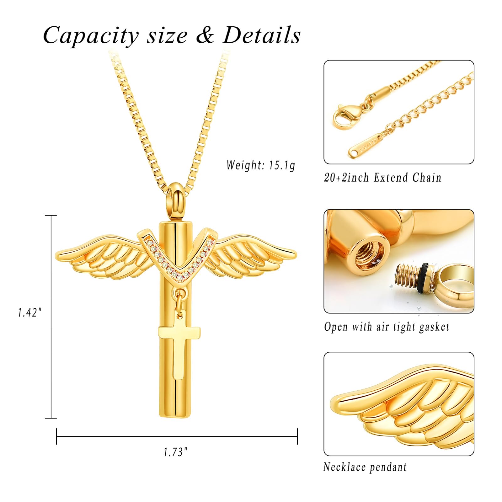 Wing Cross with Bib Cross Urn Keepsake Pendant Memorial Necklace For Ashes Gift - Picture 10 of 26