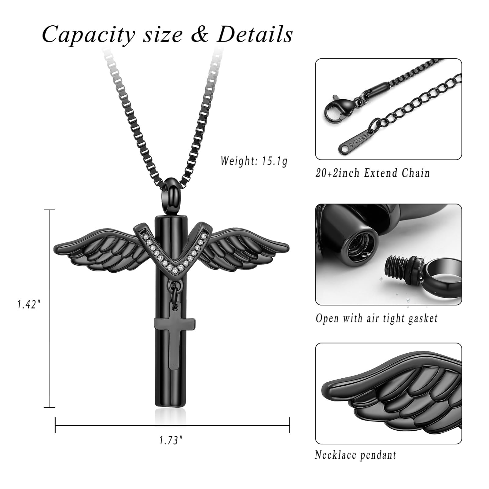 Wing Cross with Bib Cross Urn Keepsake Pendant Memorial Necklace For Ashes Gift - Picture 22 of 26