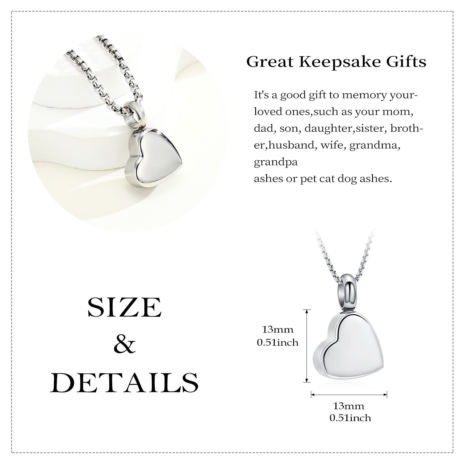 Stainless Steel Heart Urn Pendant Memorial Necklace For Ashes Jewellery Charm - Picture 33 of 37