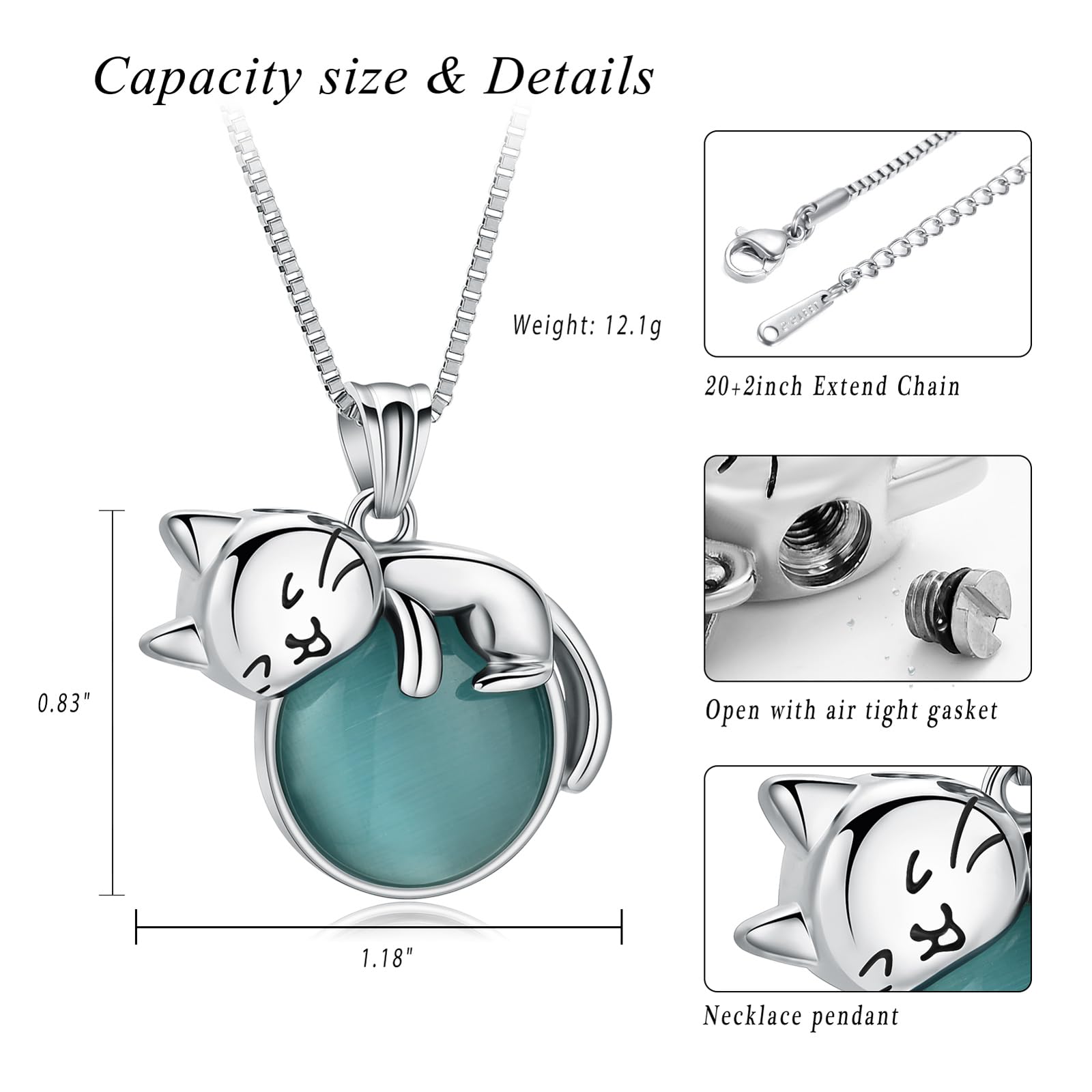 Stone Moon Cat Urn Pendant Pet Memory Necklace Cremation Ashes Memorial Jewelry - Picture 9 of 15