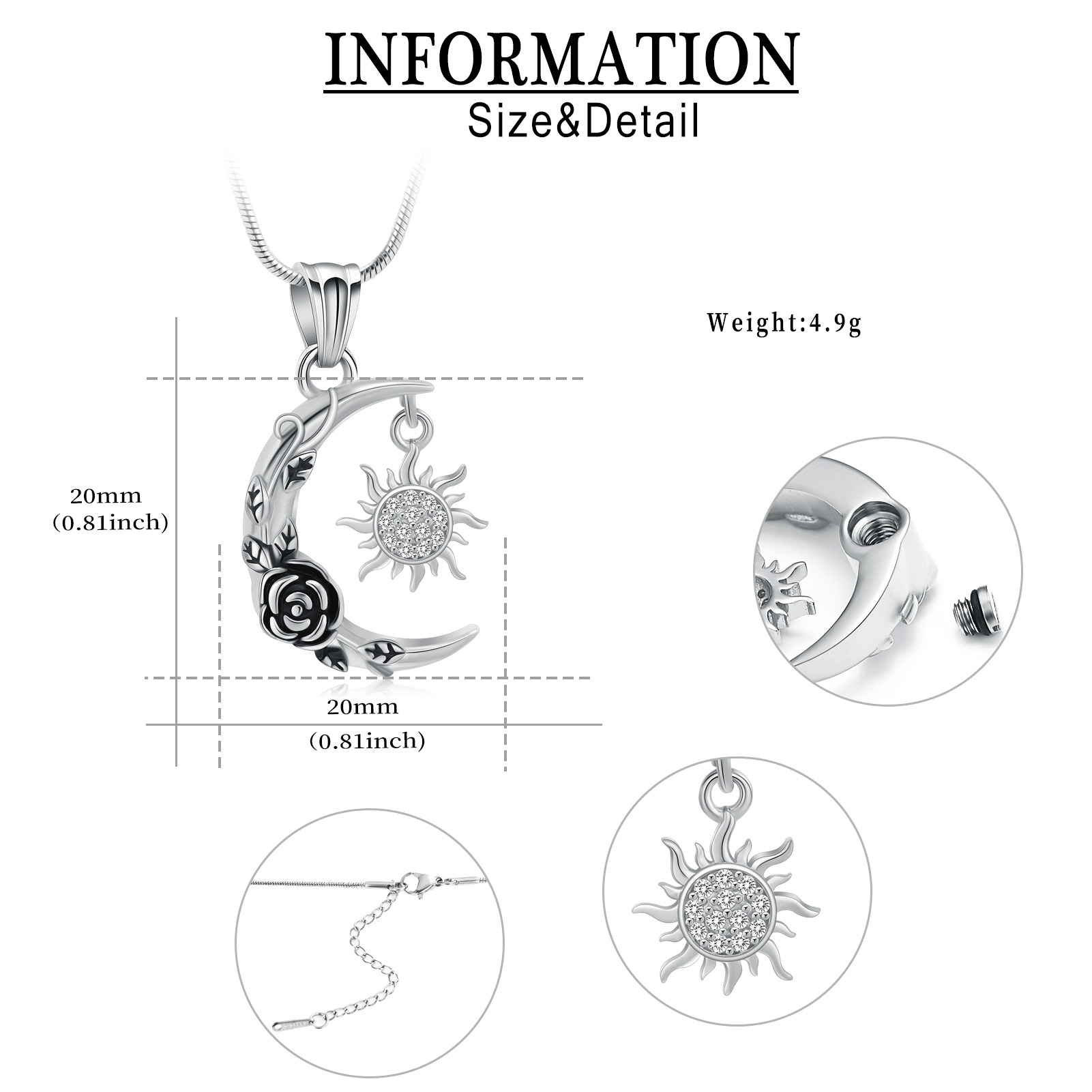 Rose Flower Print Moon & Sun Urn Keepsake Pendant Memorial Necklace For Ashe