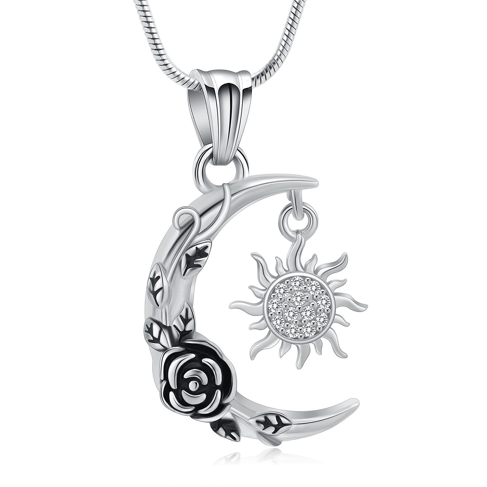 Rose Flower Print Moon & Sun Urn Keepsake Pendant Memorial Necklace For Ashe