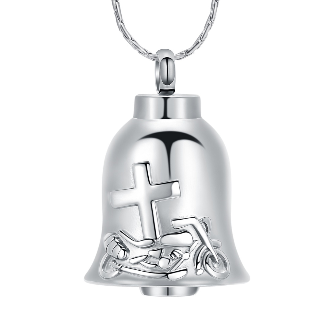 Bell Urn Necklace for Ashes Cross Motorcycle Urn Cremation Jewelry for Human/Pet