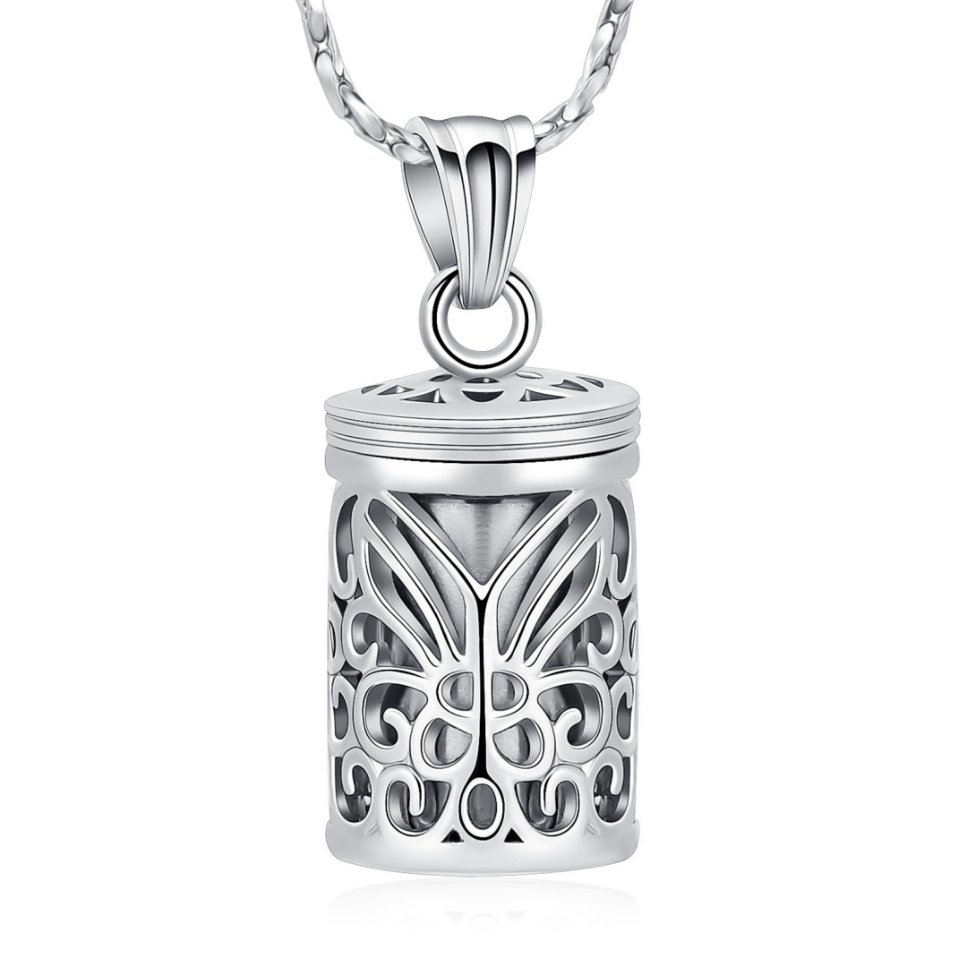 Hollow Butterfly Cage Cremation Jewelry Memorial Cylinder Urn Necklace for Ashes