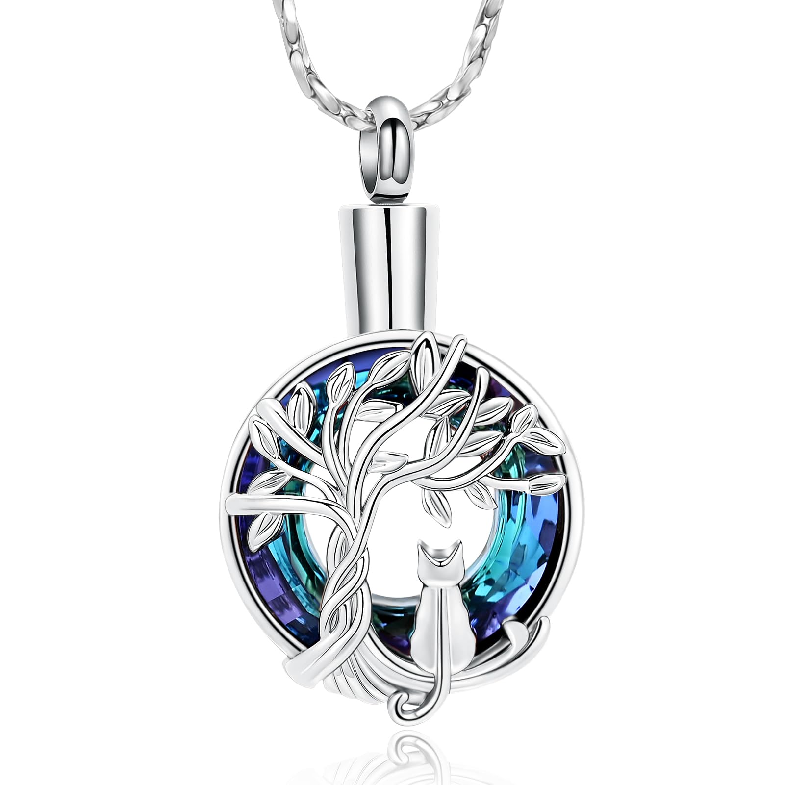 Cat Tree of Life Circle Urn Pendant Memory Necklace for Ashes Memorial Jewelry