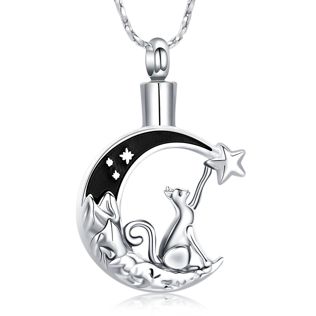 Cat Moon Urn Necklace for Ashes Women Pet Cremation Jewelry Loved Ones Pendant