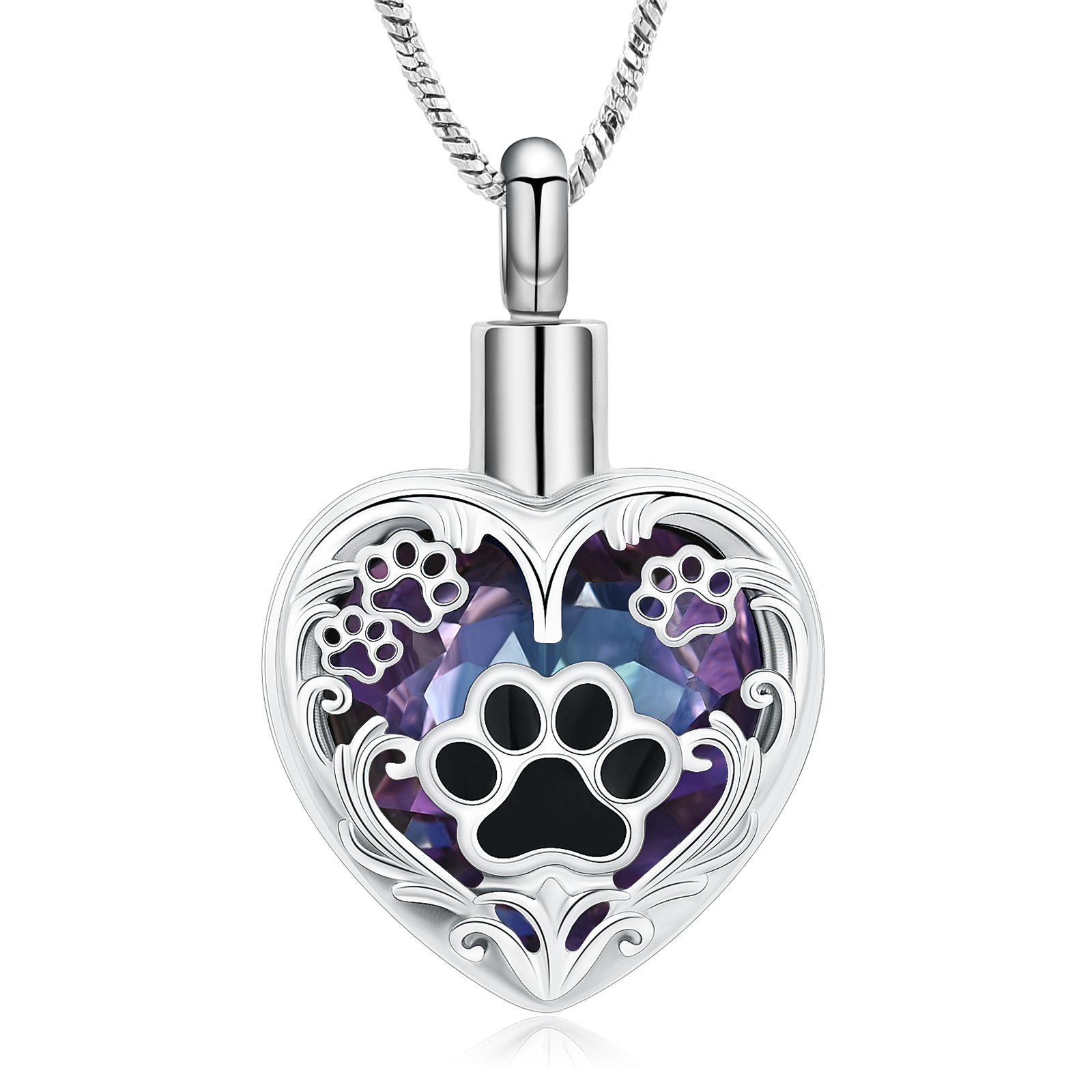 Paw Prints Heart Urn Pendant Cremation Jewelry Dog Cat Ashes Pet Memory Necklace