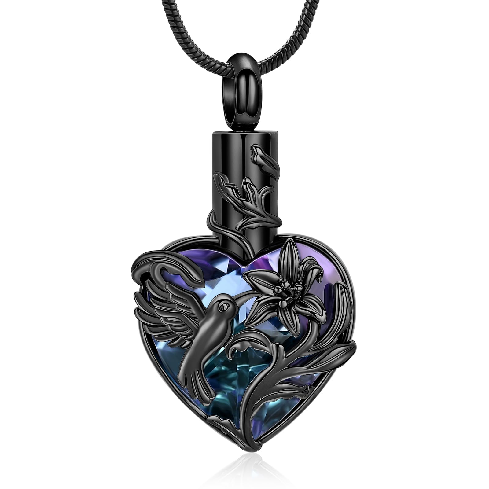 Lily Hummingbird Heart Urn Pendant Cremation Jewelry for Ashes Memory Necklace