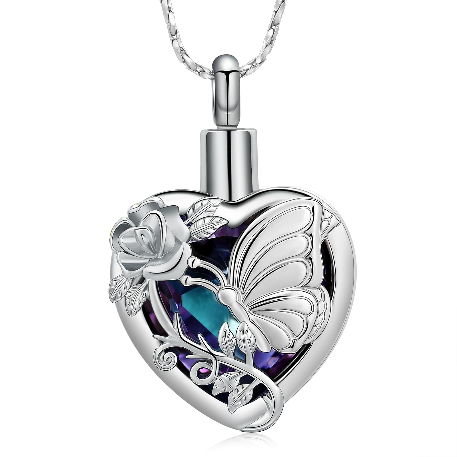 Heart Rose Flower Butterfly Urn Pendant Cremation Jewelry Ashes Memory Necklace
