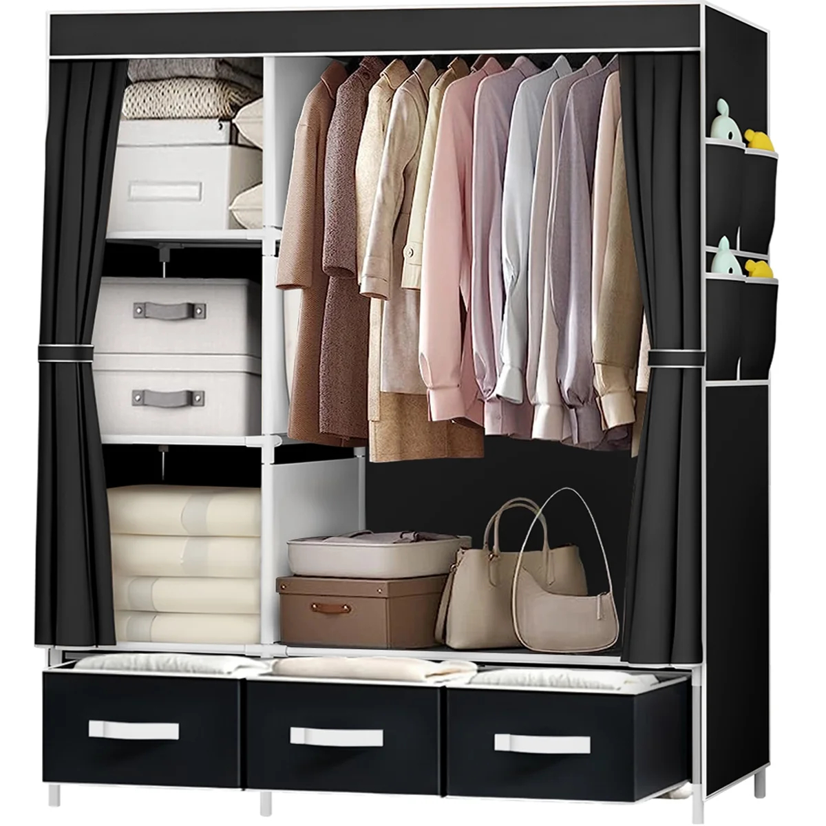 Large Fabric Canvas Wardrobe w/ Clothes Hanging Rail Shelving Storage Closet UK