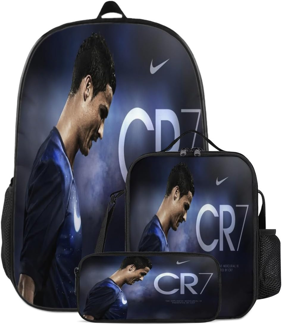 3PCS Messi Ronaldo Student Personalised School Backpack Shoulder Bag Lunch Bag - Picture 42 of 48
