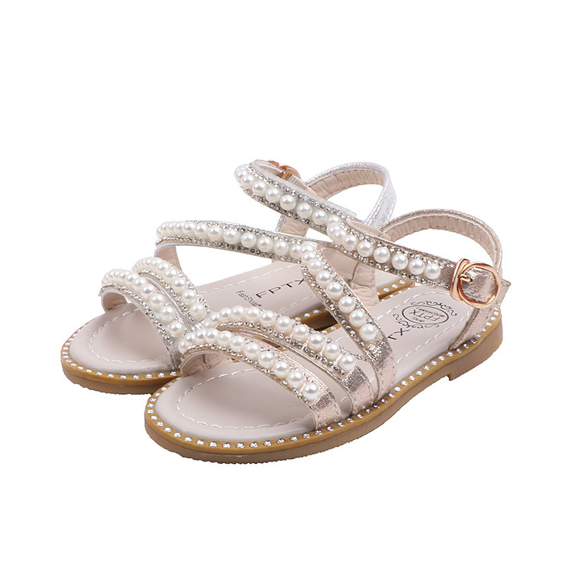 GIRLS SANDALS KIDS CHILDREN DIAMANTE PEARL SUMMER BEACH FLAT PARTY STRAPPY SHOES