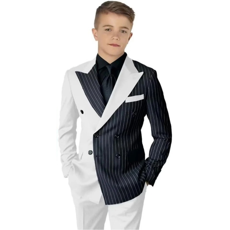 Striped Block Boy Suits Double Breasted Jacket Casual Kids Tuxedo Blazer Pant - Picture 25 of 40
