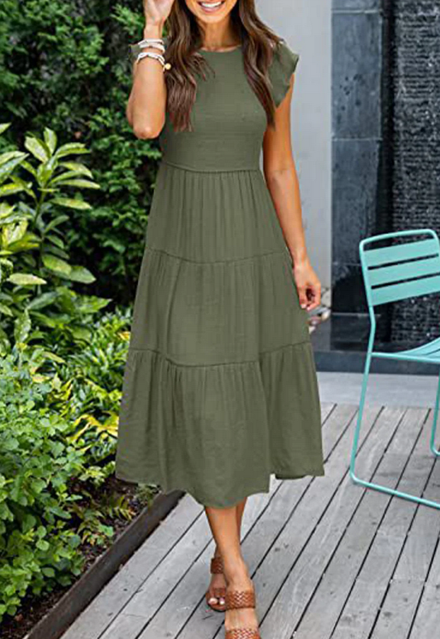 chinese dress ladies Off Shoulder Shirred Layered Ruffle Dress – Amy's Cart