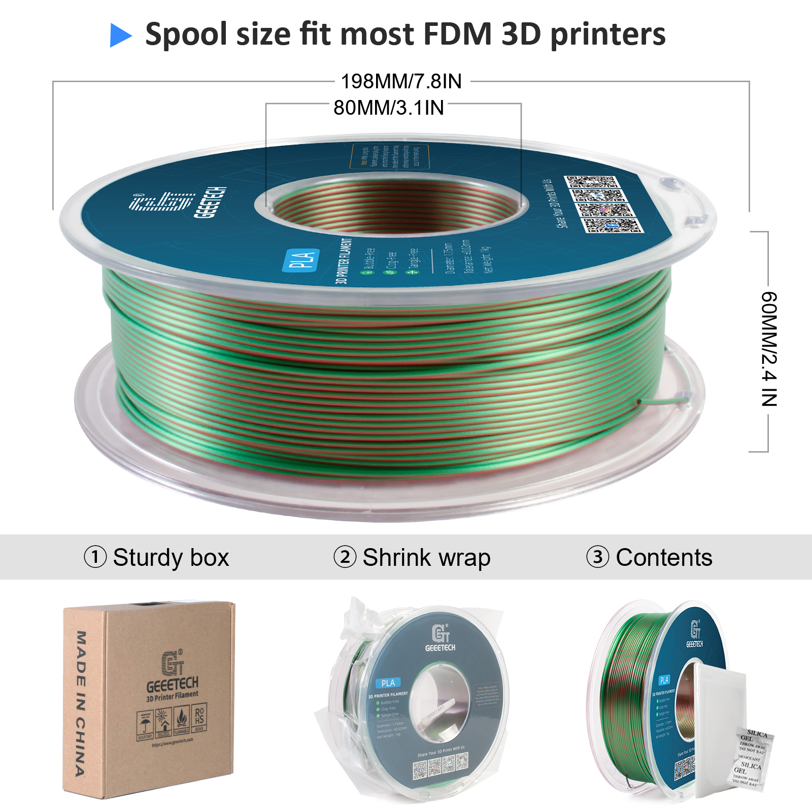 Geeetech 3D Printer Filament Silk PLA Dual Color Multi-color colorful 1.75mm 1KG