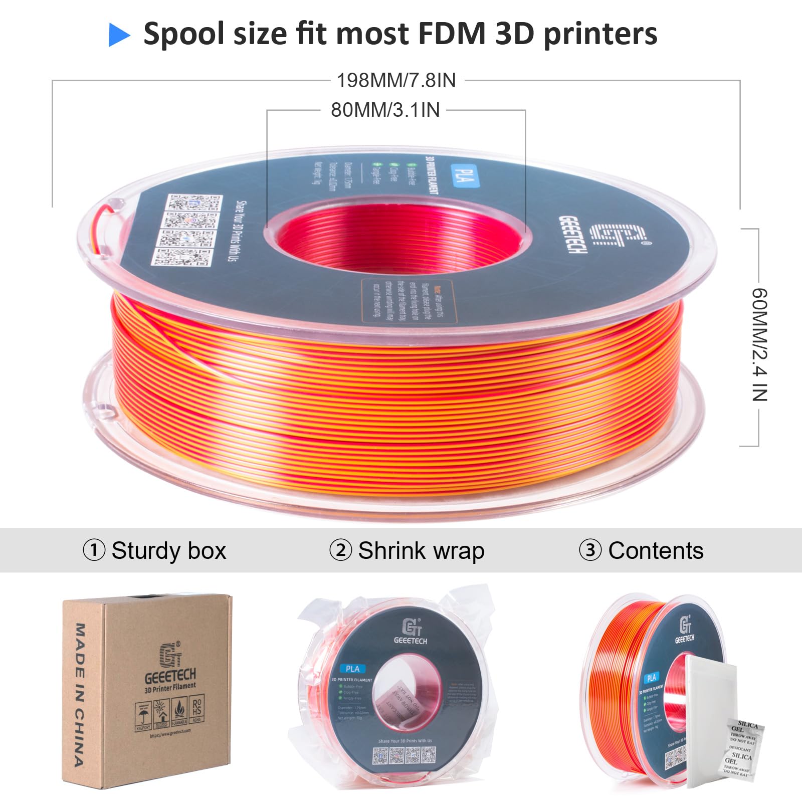 Geeetech 3D Printer Filament Silk PLA Dual Color Multi-color colorful 1.75mm 1KG