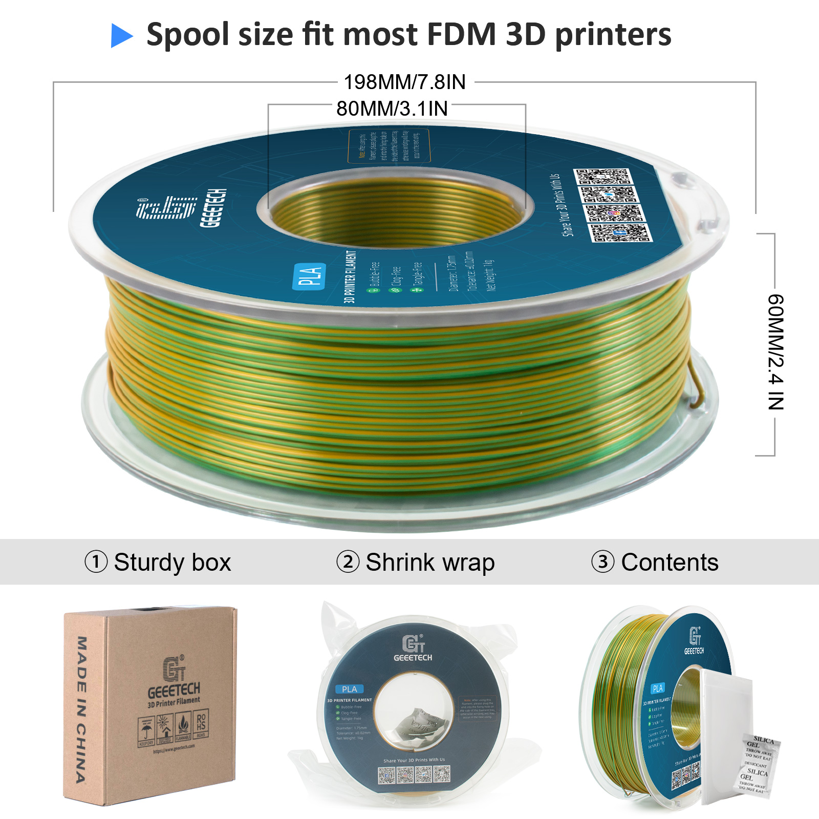 Geeetech 3D Printer Filament Silk PLA Dual Color Multi-color colorful 1.75mm 1KG