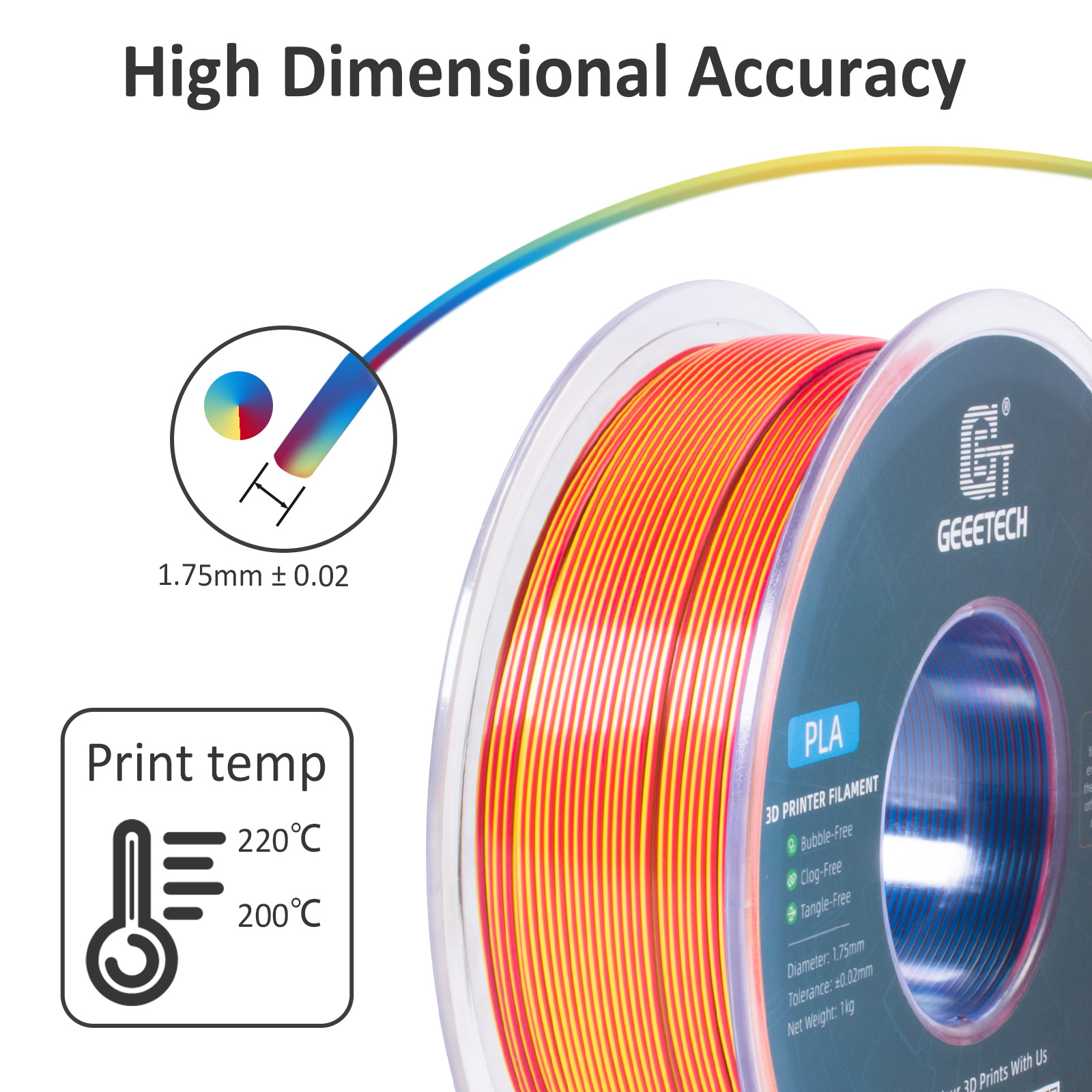 Geeetech 3D Printer Filament 1.75mm 1KG Silk Tricolor PLA Multi-color available