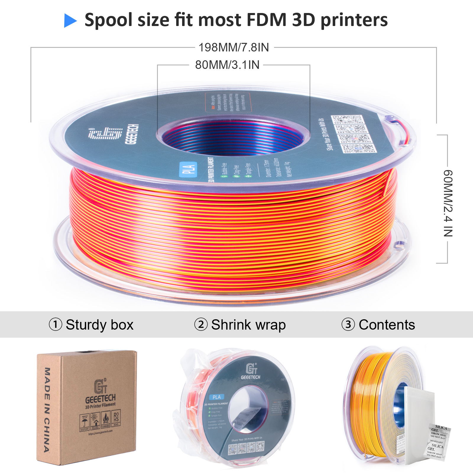 Geeetech 3D Printer Filament 1.75mm 1KG Silk Tricolor PLA Multi-color available