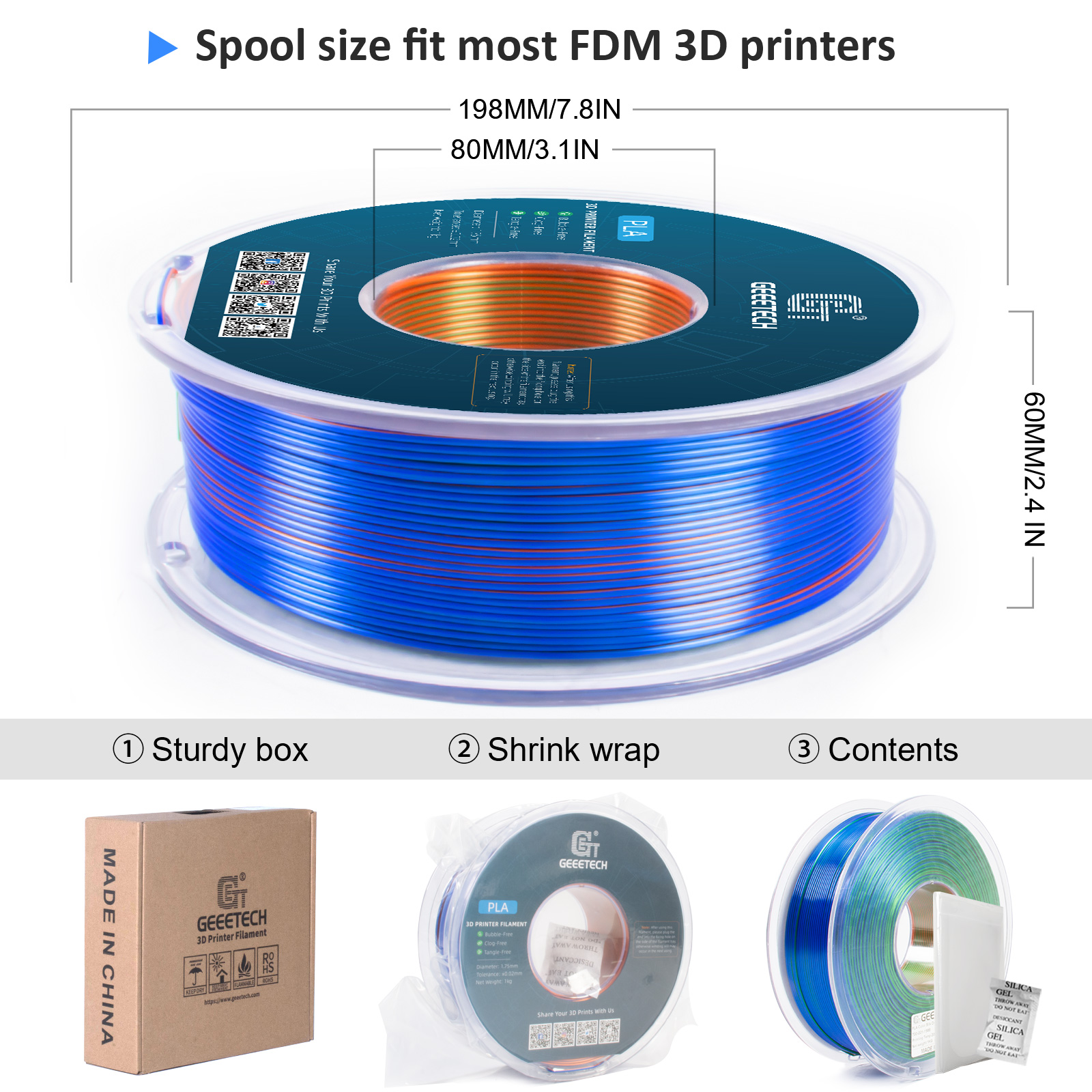 Geeetech 3D Printer Filament 1.75mm 1KG Silk Tricolor PLA Multi-color available