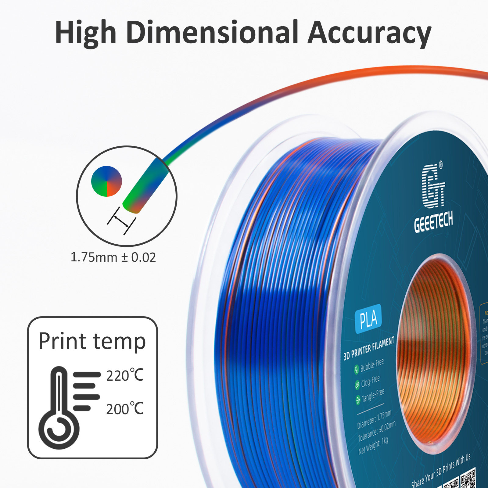 Geeetech 3D Printer Filament 1.75mm 1KG Silk Tricolor PLA Multi-color available