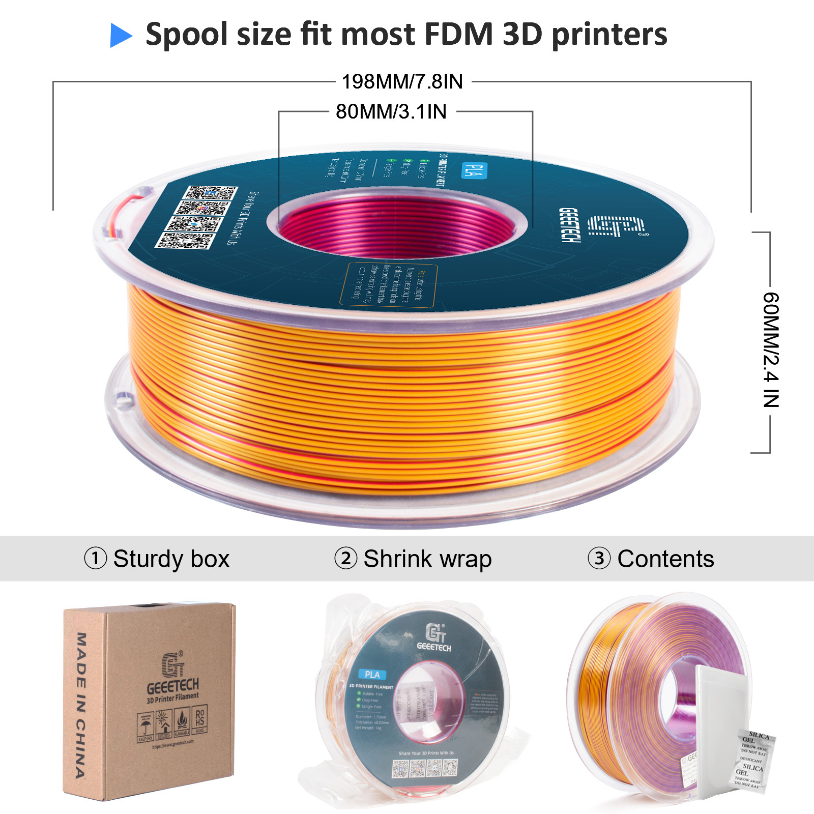 Geeetech 3D Printer Filament 1.75mm 1KG Silk Tricolor PLA Multi-color available