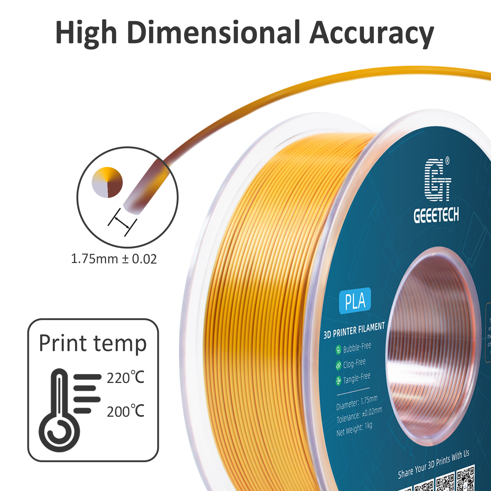 Geeetech 3D Printer Filament 1.75mm 1KG Silk Tricolor PLA Multi-color available