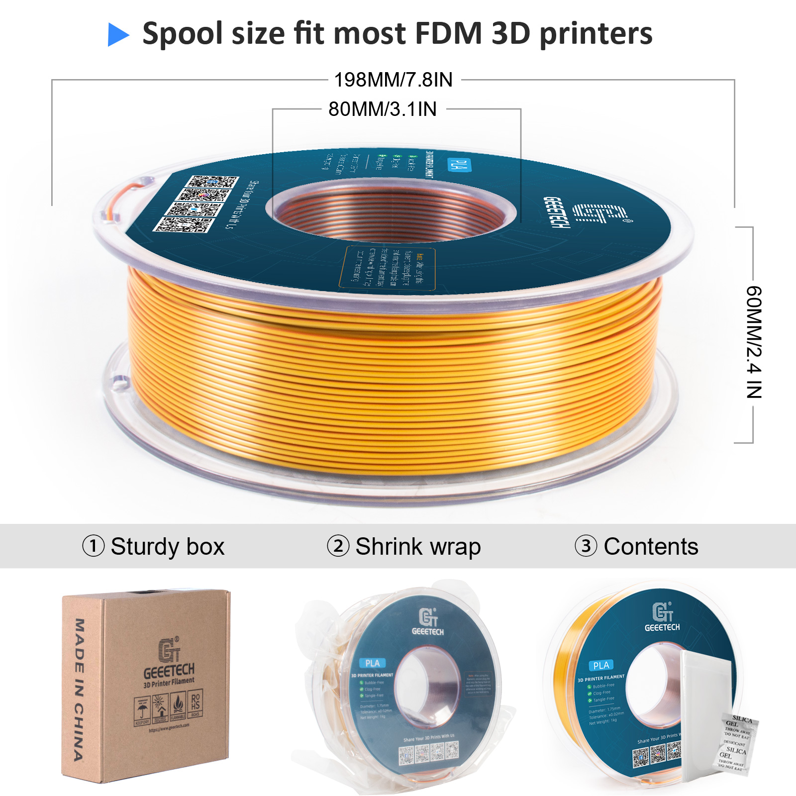 Geeetech 3D Printer Filament 1.75mm 1KG Silk Tricolor PLA Multi-color available