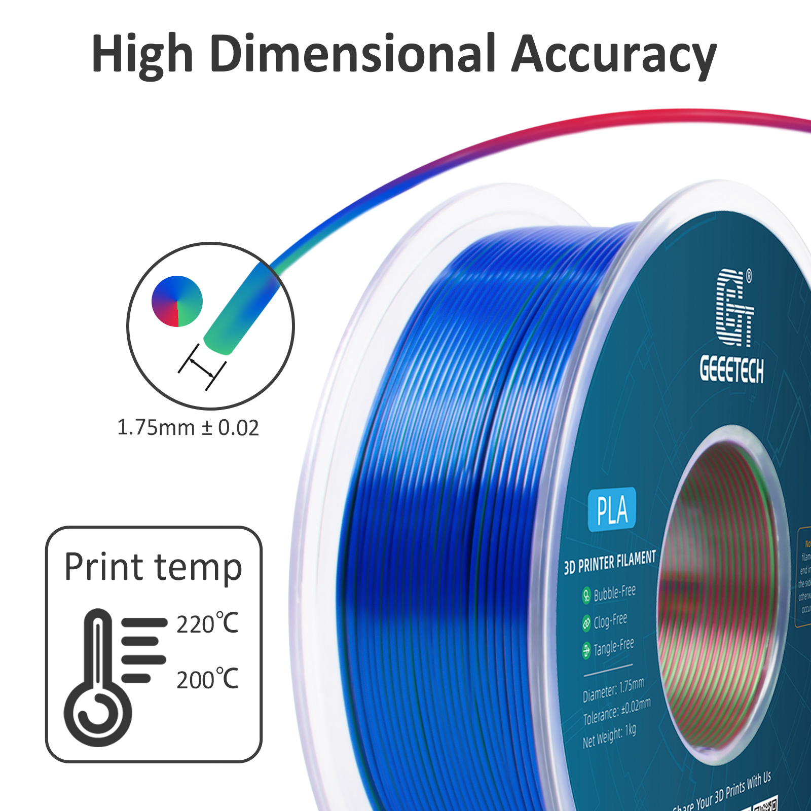 Geeetech 3D Printer Filament 1.75mm 1KG Silk Tricolor PLA Multi-color available