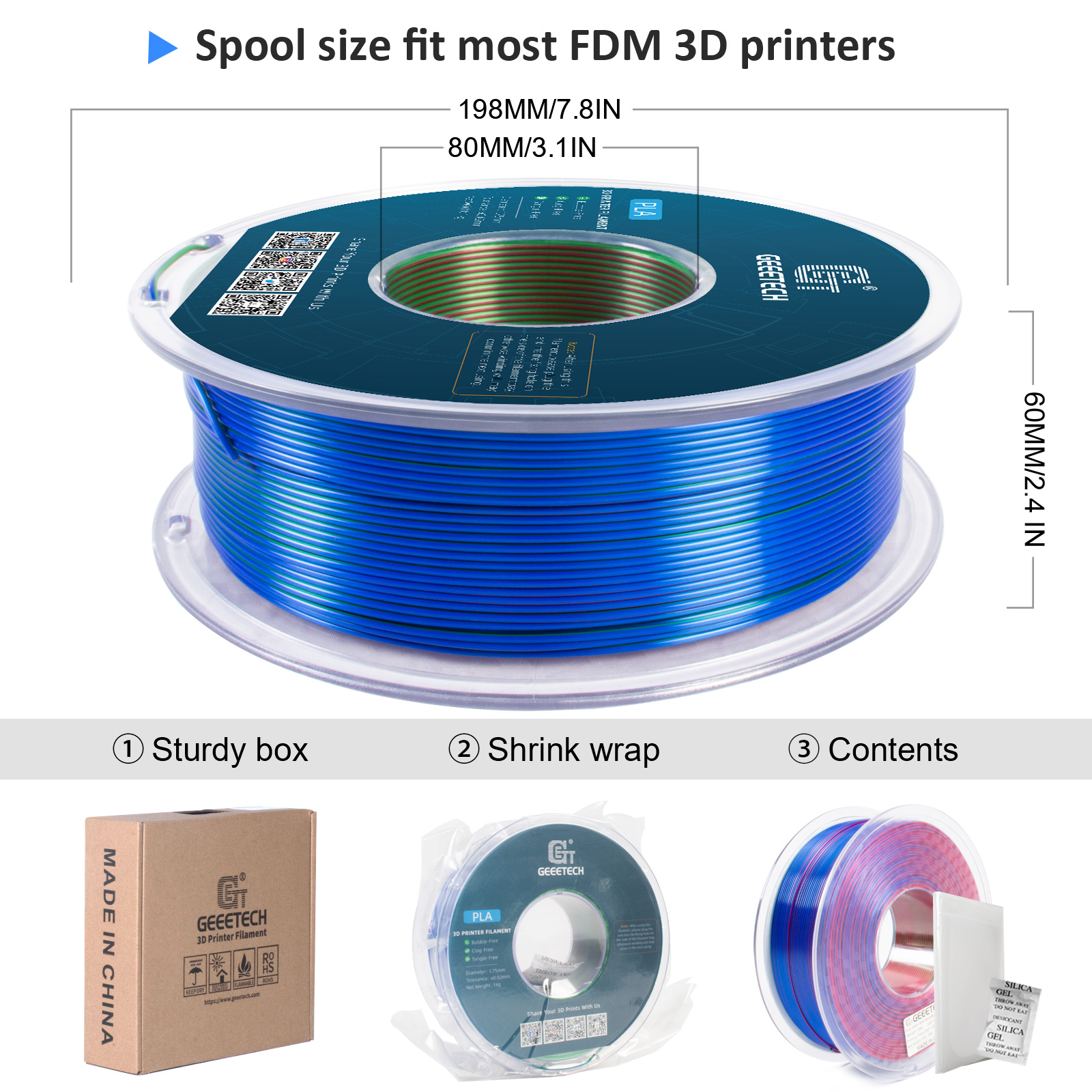 Geeetech 3D Printer Filament 1.75mm 1KG Silk Tricolor PLA Multi-color available