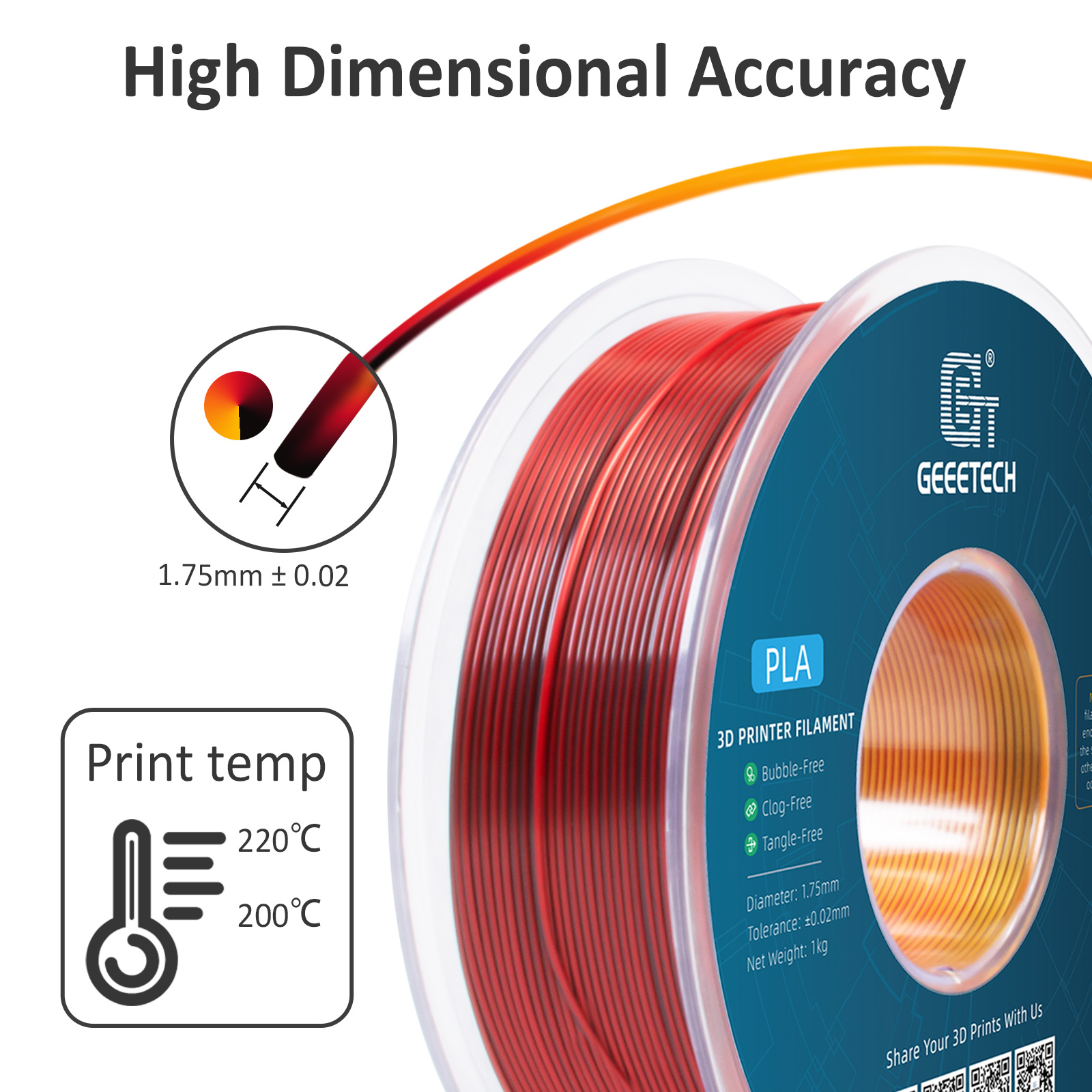 Geeetech 3D Printer Filament 1.75mm 1KG Silk Tricolor PLA Multi-color available