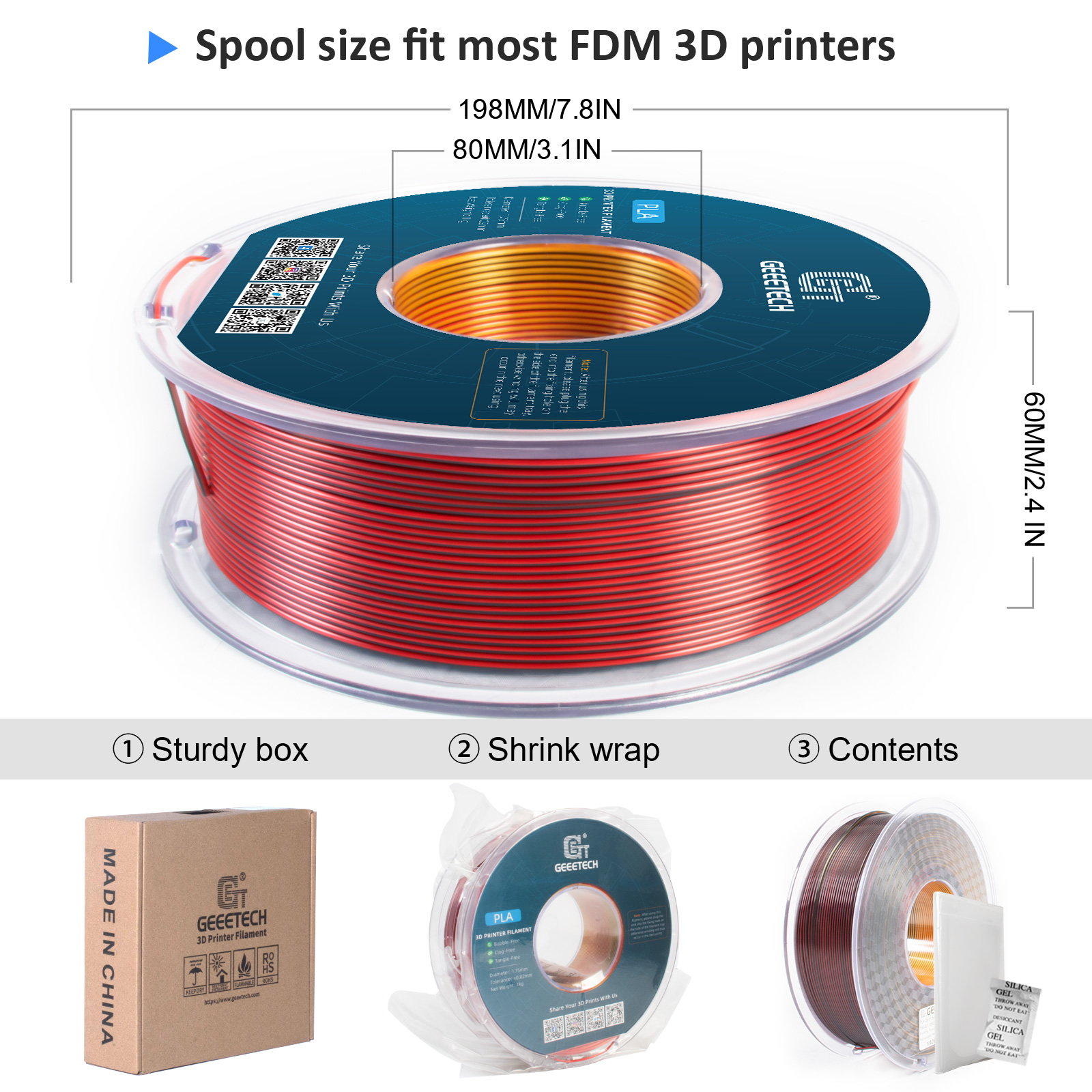 Geeetech 3D Printer Filament 1.75mm 1KG Silk Tricolor PLA Multi-color available