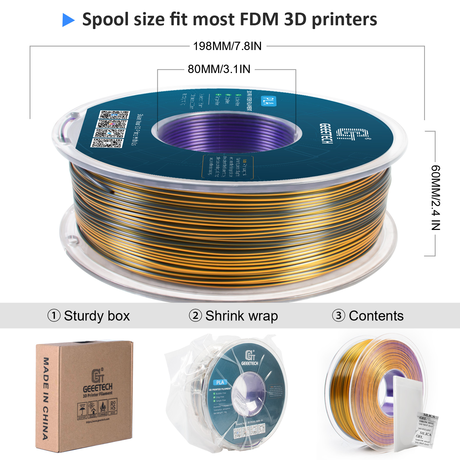 Geeetech 3D Printer Filament 1.75mm 1KG Silk Tricolor PLA Multi-color available