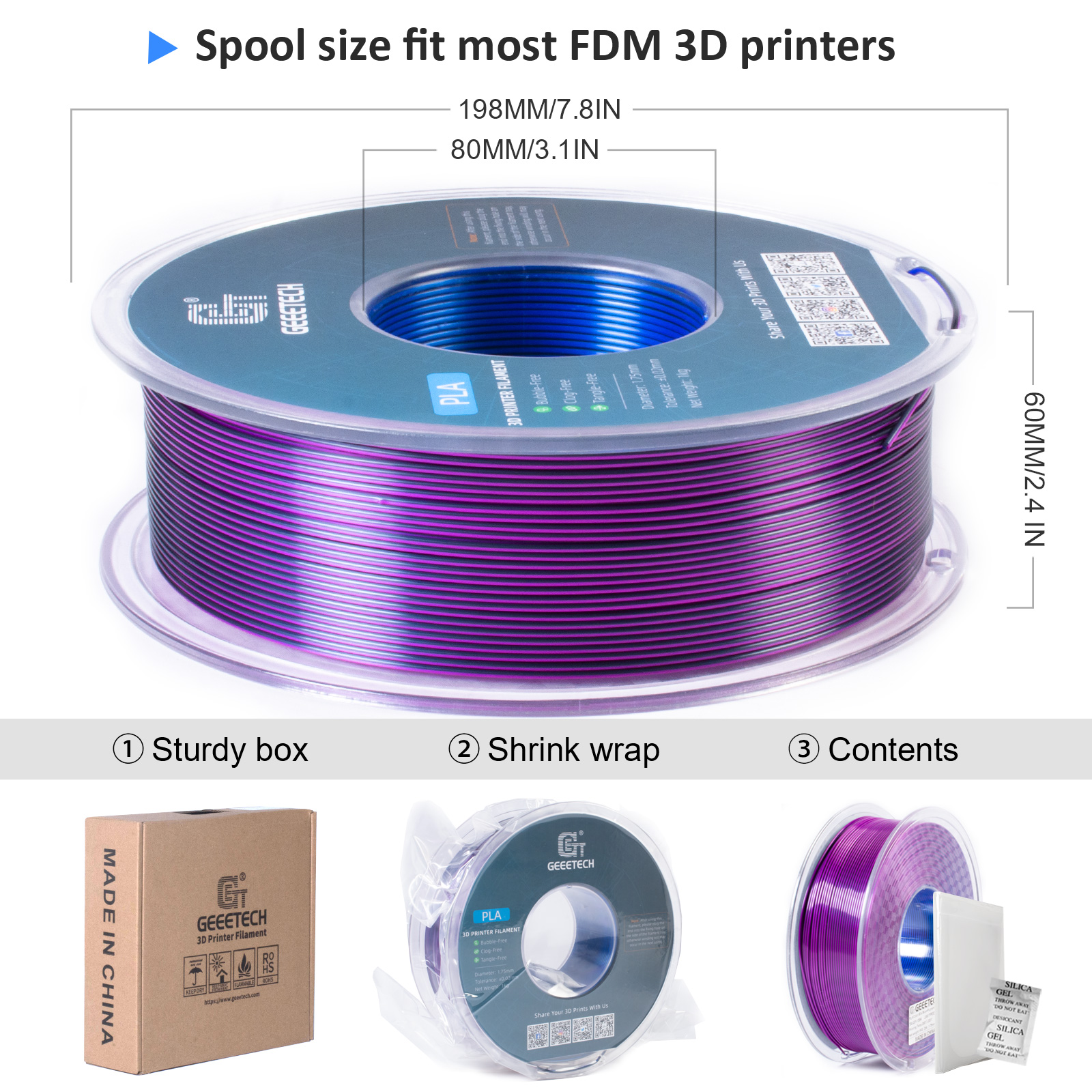 Geeetech 3D Printer Filament 1.75mm 1KG Silk Tricolor PLA Multi-color available