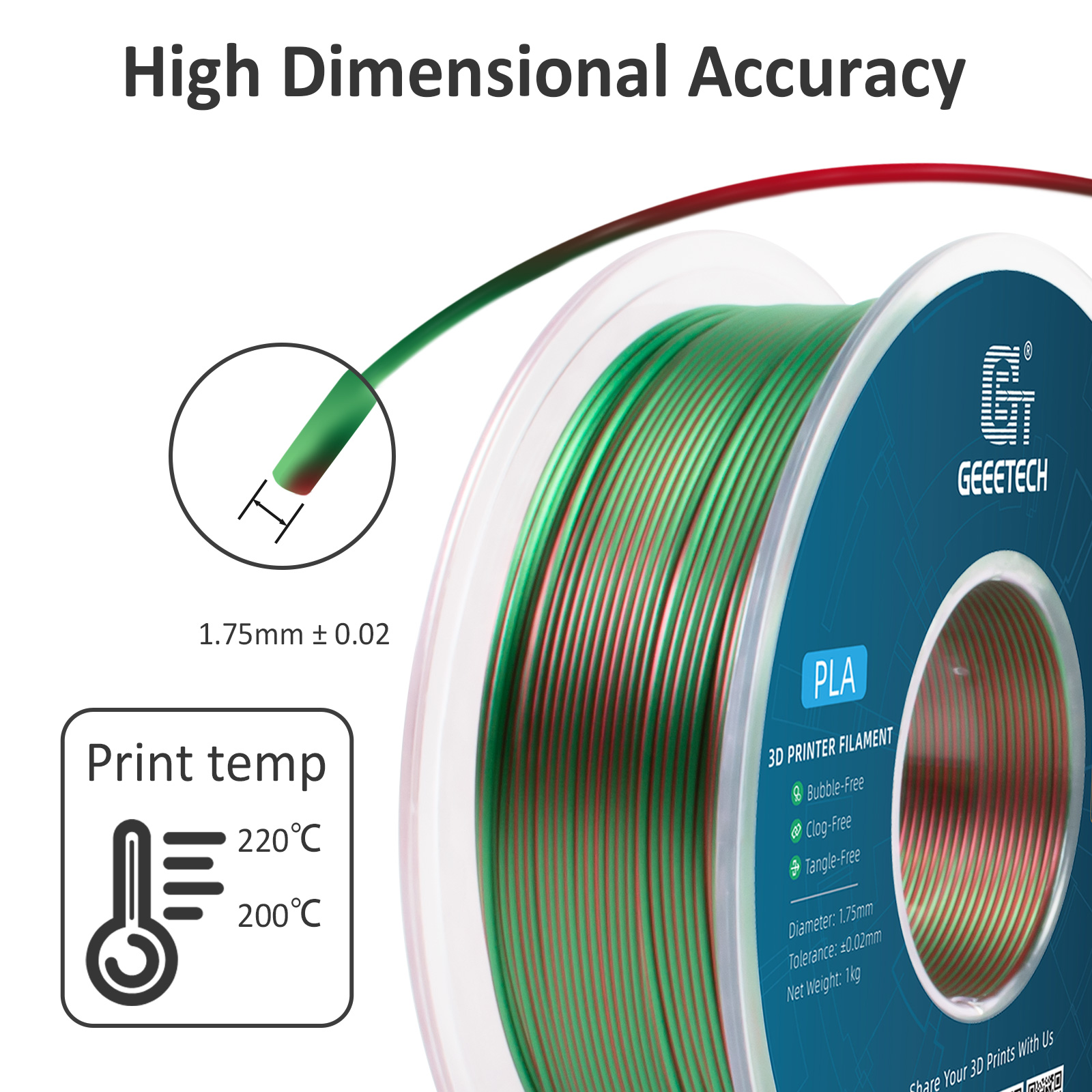 GEEETECH 3D Printer Filament Silk/Two-color/Tricolor Change PLA 1.75mm 1KG/Roll