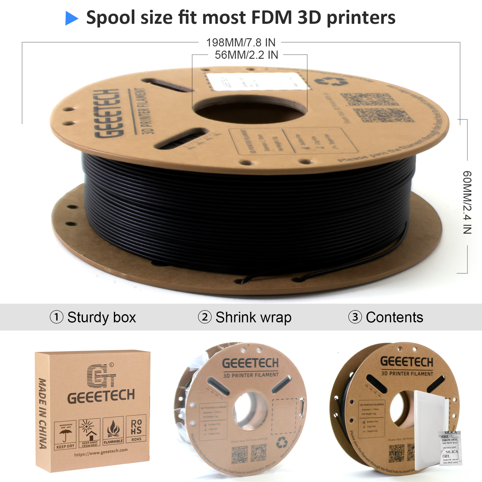 1kg/Rol 1.75mm Carbon Fiber PLA Geeetech 3D Filament High Stiffness eco-friendly