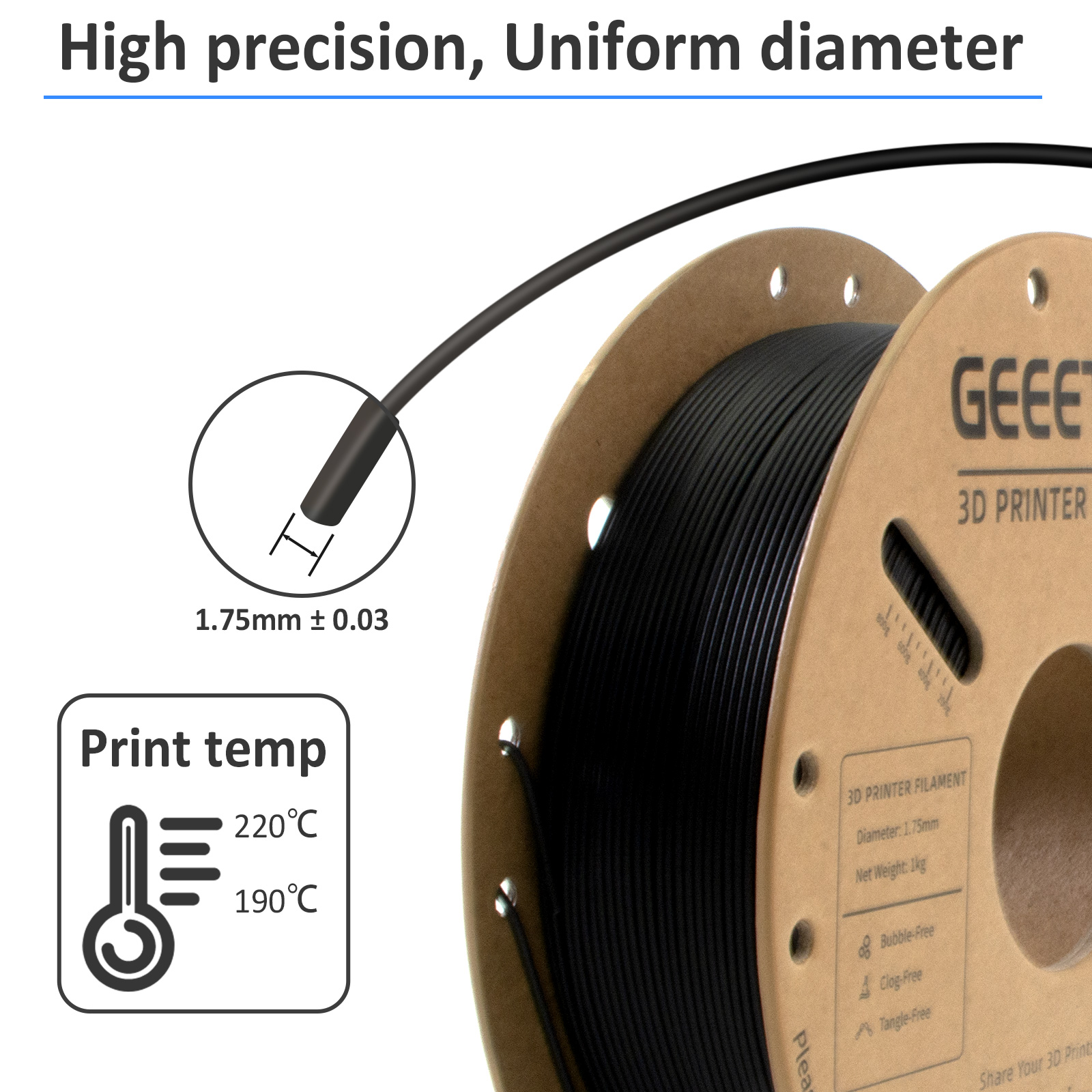 1kg/Rol 1.75mm Carbon Fiber PLA Geeetech 3D Filament High Stiffness eco-friendly