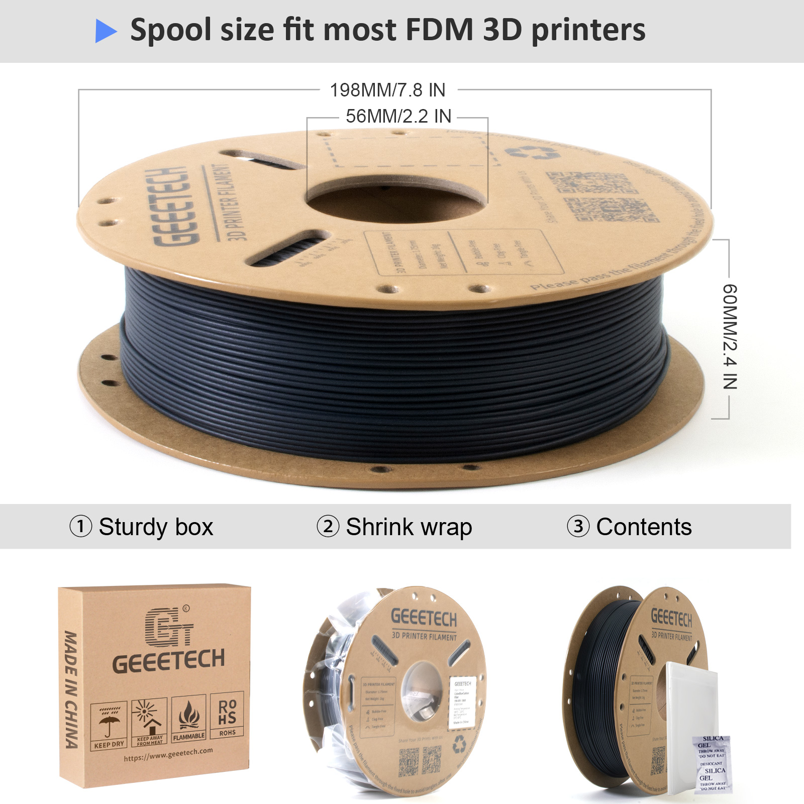 1kg/Rol 1.75mm Carbon Fiber PLA Geeetech 3D Filament High Stiffness eco-friendly