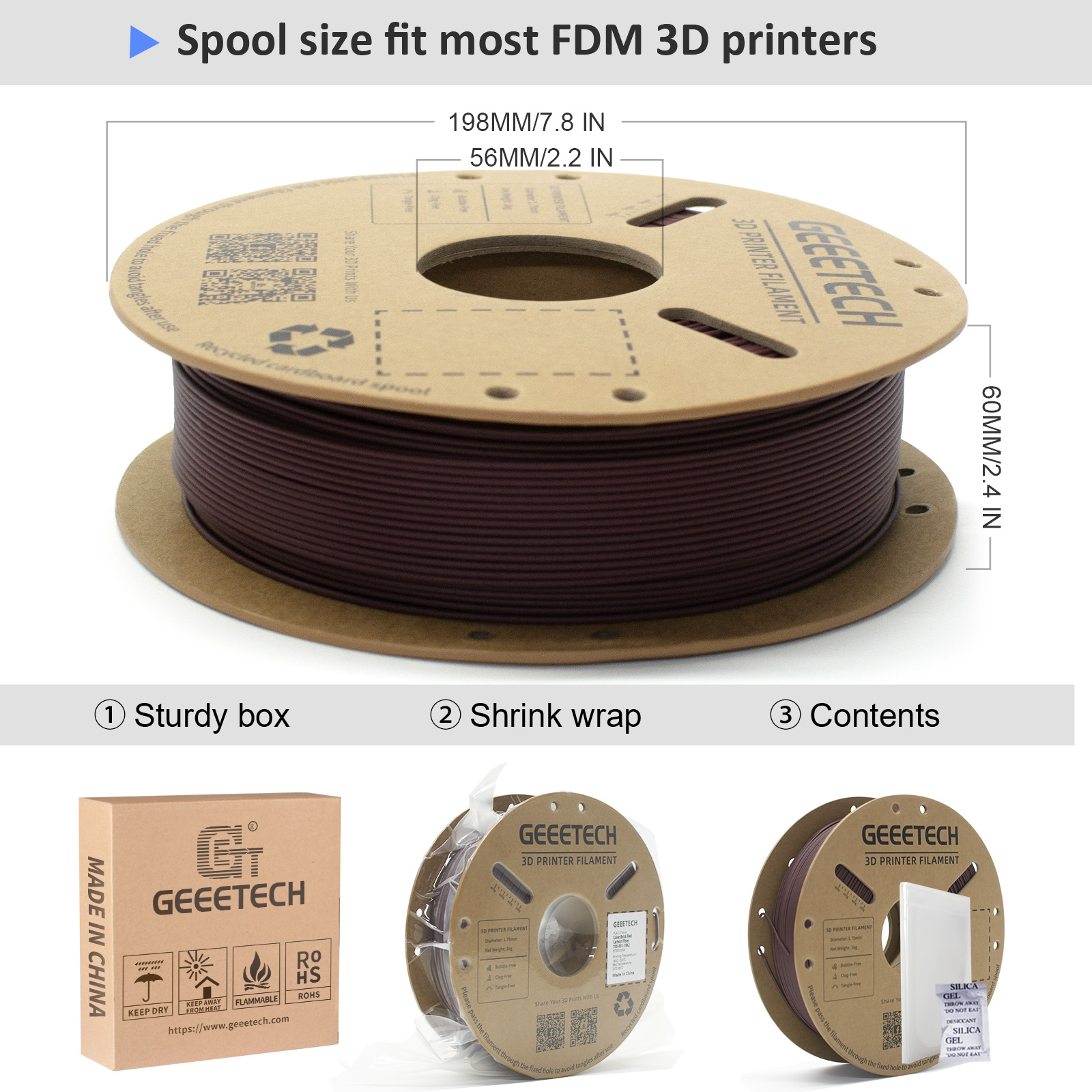 1kg/Rol 1.75mm Carbon Fiber PLA Geeetech 3D Filament High Stiffness eco-friendly