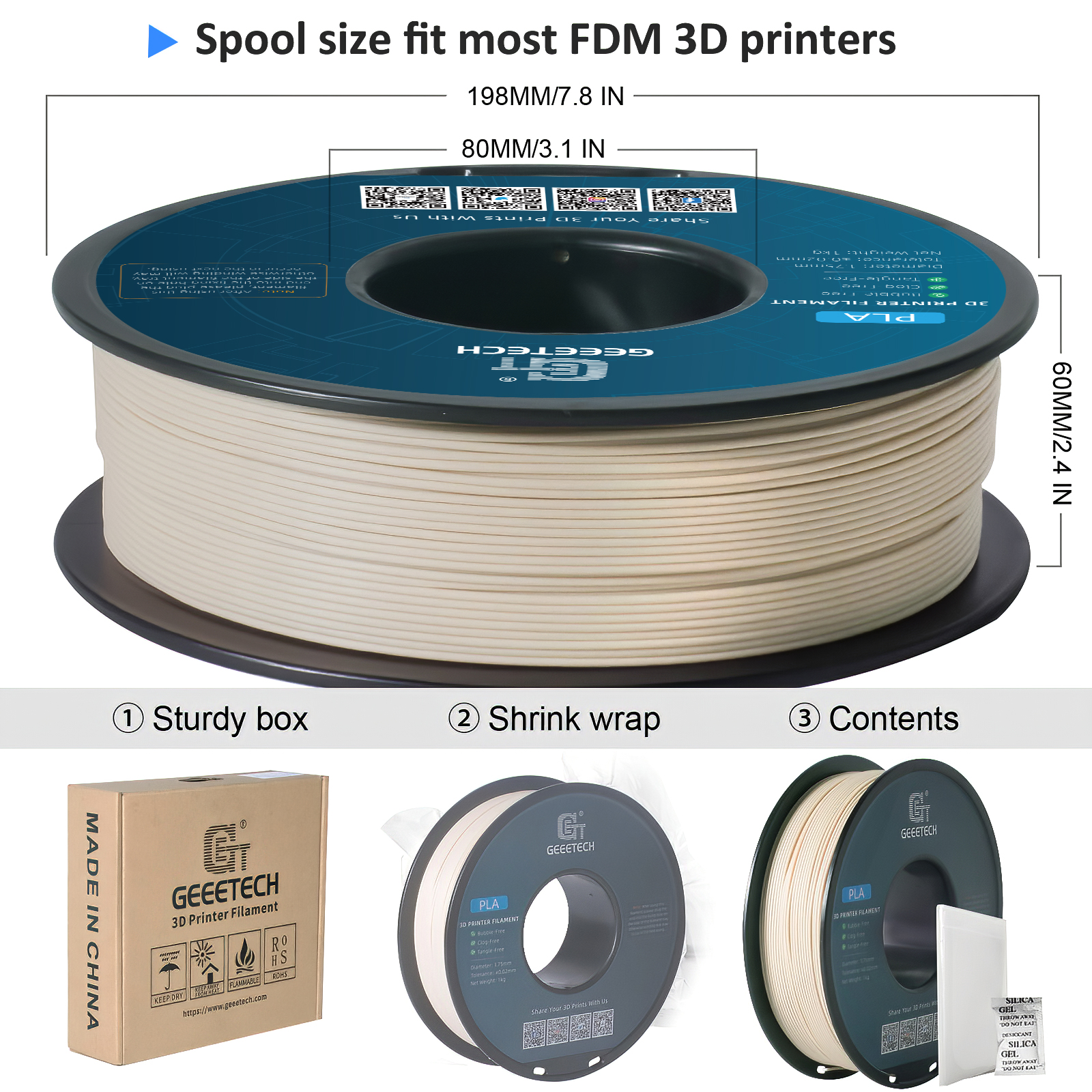 Geetech 3D Printer Filaments PLA/PETG/TPU/Wood/HS/PLA/Matte PLA/ABS+ 1KG/roll