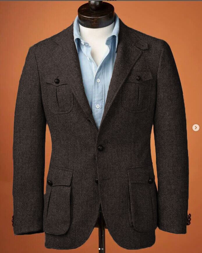 Tweed Men's Safari Jacket 2 Pcs Casual British Hunting Suits for Men Tailored - Picture 11 of 16