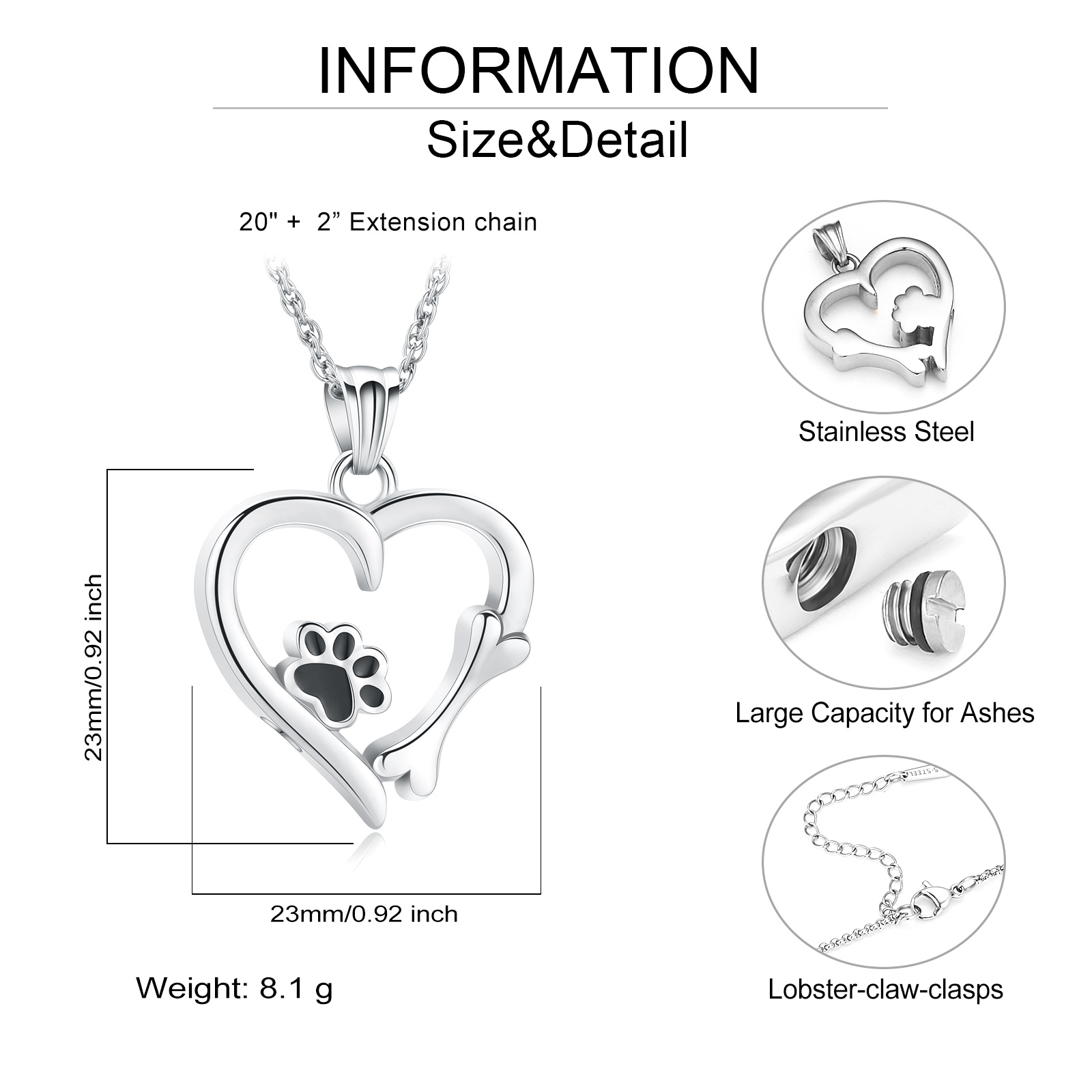 Cremation Heart Urn Necklace With Paw Print Pendant Pet Ashes Lover's Gift