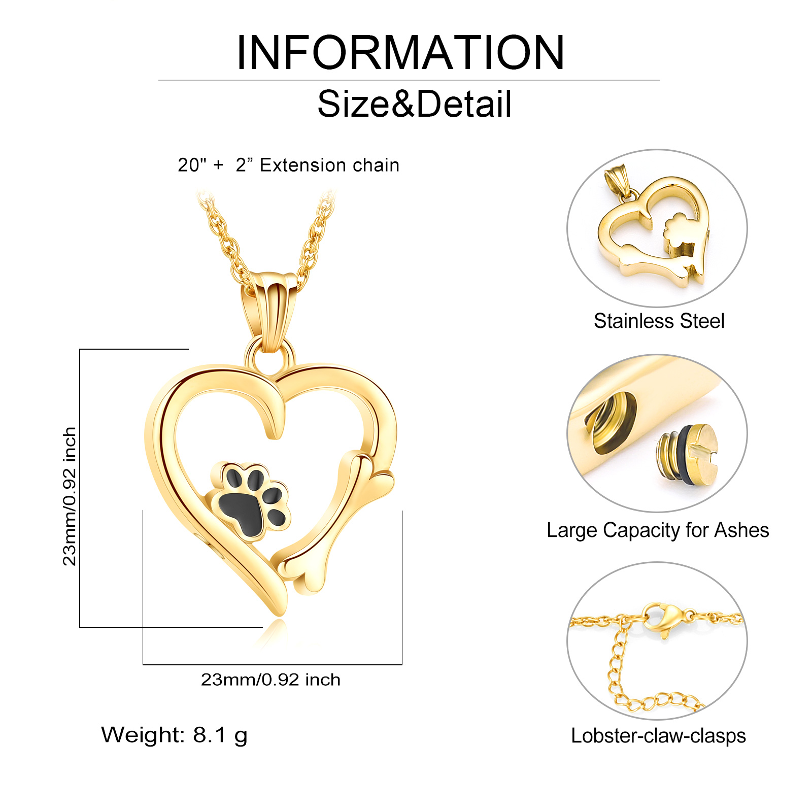 Cremation Heart Urn Necklace With Paw Print Pendant Pet Ashes Lover's Gift