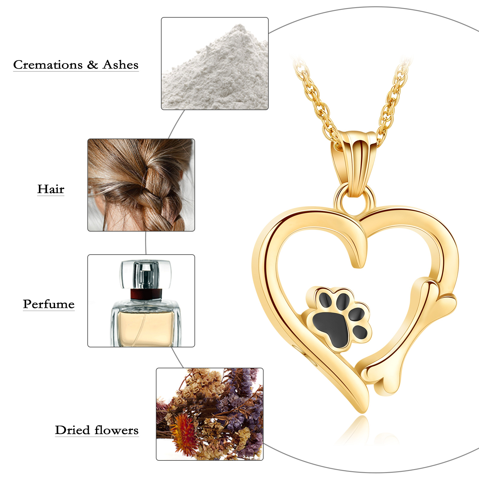 Cremation Heart Urn Necklace With Paw Print Pendant Pet Ashes Lover's Gift