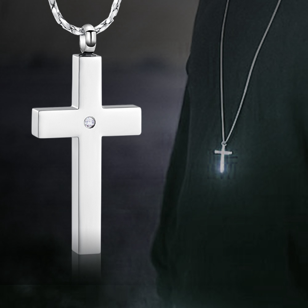 Crystal Cremation Cross Necklace for Ashes Stainless Steel Cross Urn Pendant New