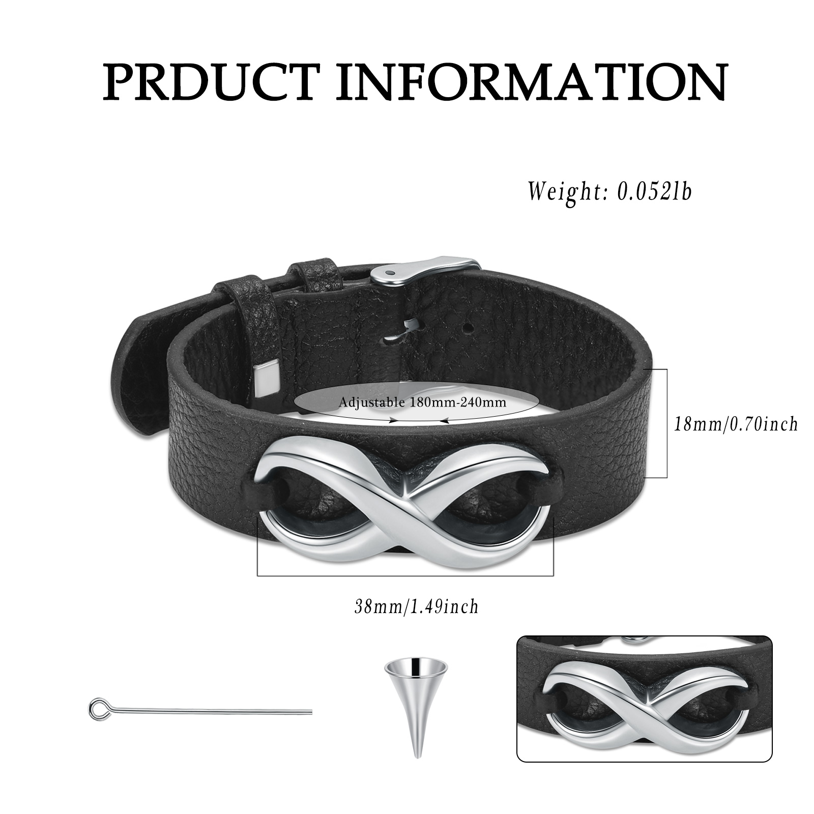Men's Cremation Bracelet Infinity Urn Bracelet for Ashes Genuine Leather Bangle - Picture 13 of 37